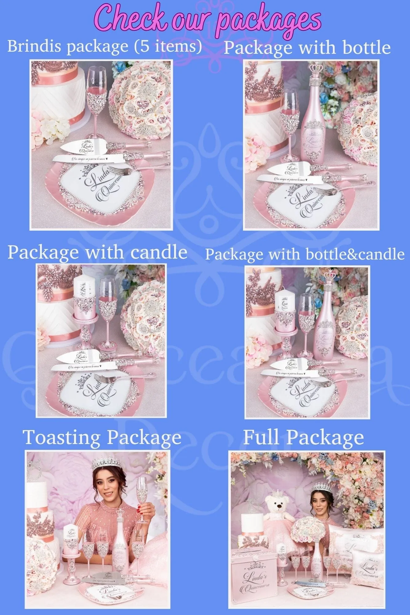 Pink blush floral Quinceanera Brindis Package (5 pcs)