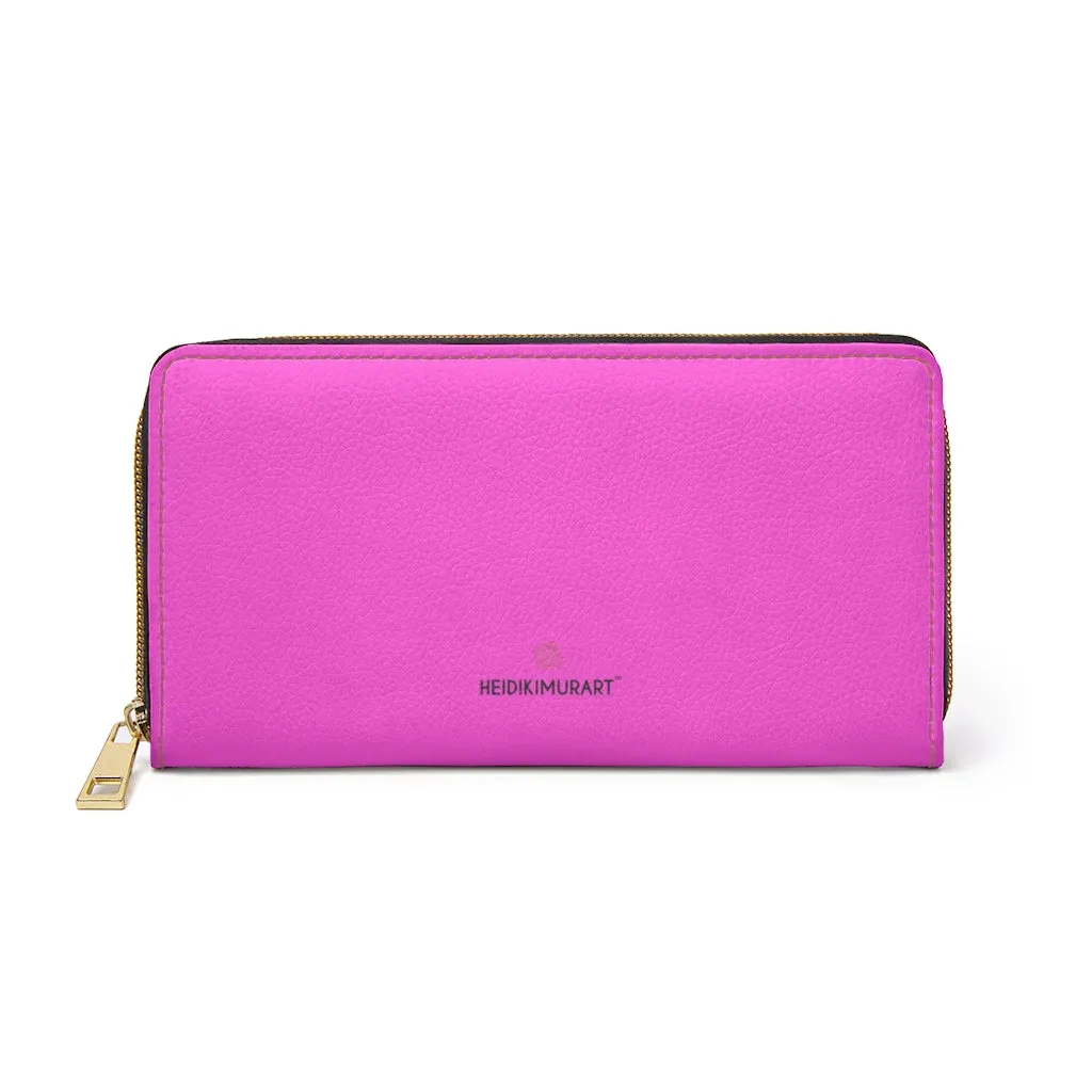 Pink Solid Color Zipper Wallet, Solid Pink Color Long Compact Designer Premium Quality Women's Wallet