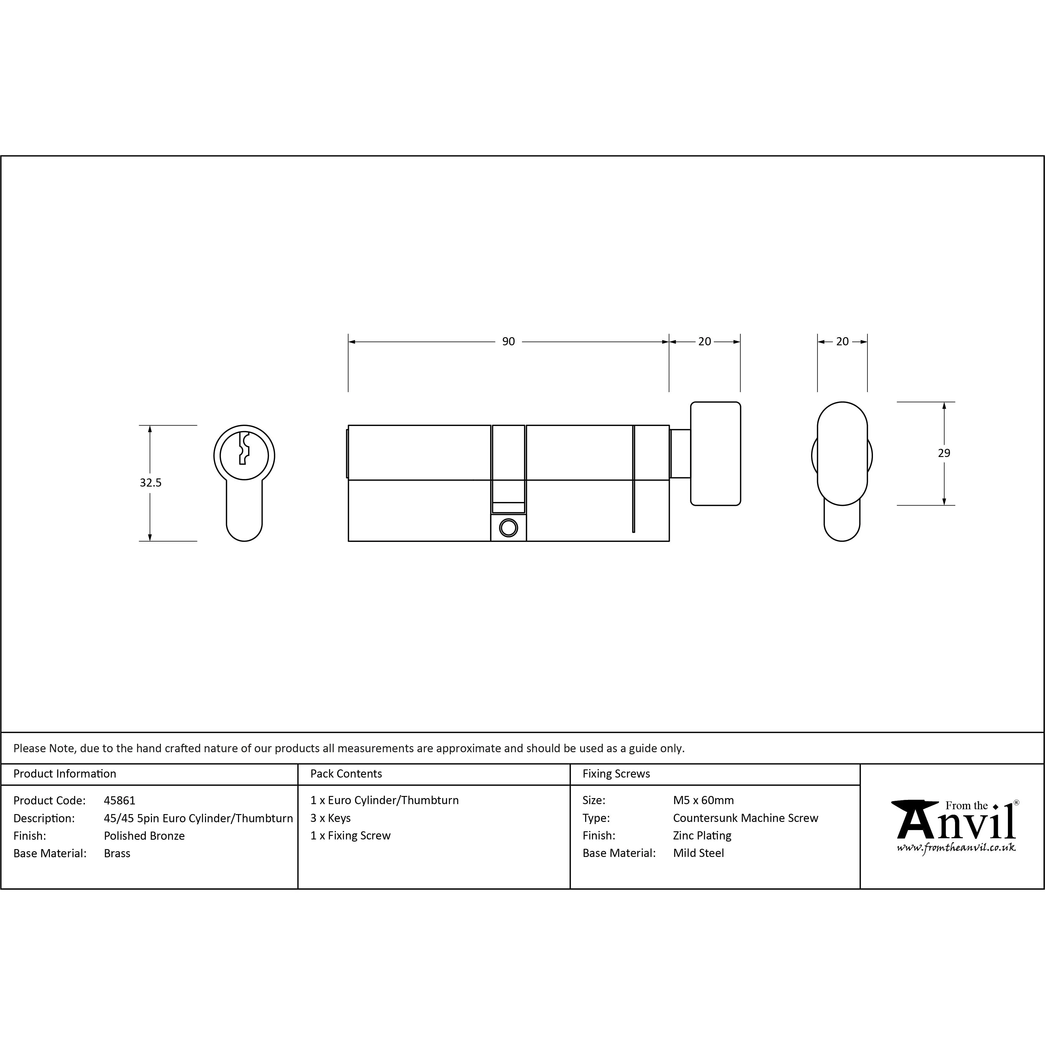 Polished Bronze 45/45 5pin Euro Cylinder/Thumbturn | From The Anvil