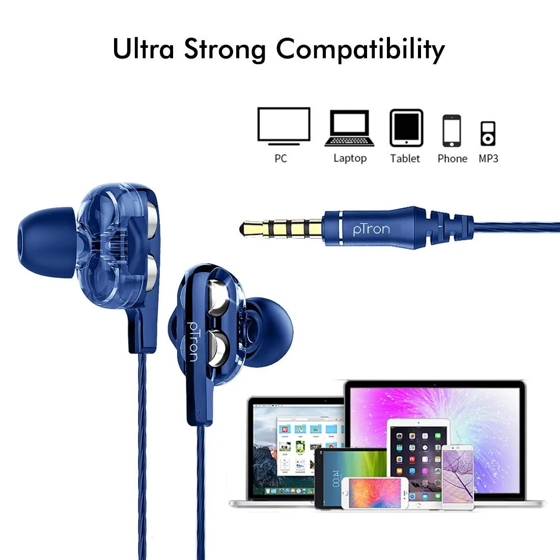 (Refurbished) pTron Boom Ultima 4D Dual Driver, in-Ear Gaming Wired Headphones with in-line Mic, Volume Control & Passive Noise Cancelling Boom 3 Earphones - (Dark Blue)