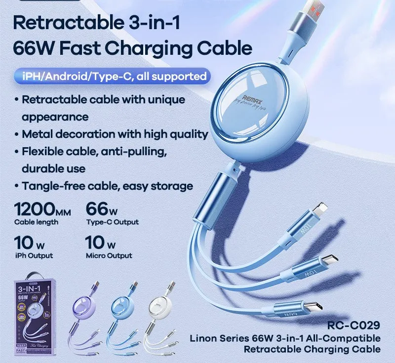 REMAX 3-in-1 Retractable | 66W | Fast Charging Cable