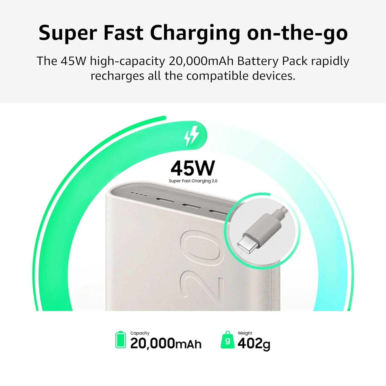 Samsung Galaxy 20000mAh Power Bank, Wired Battery Pack, Gray