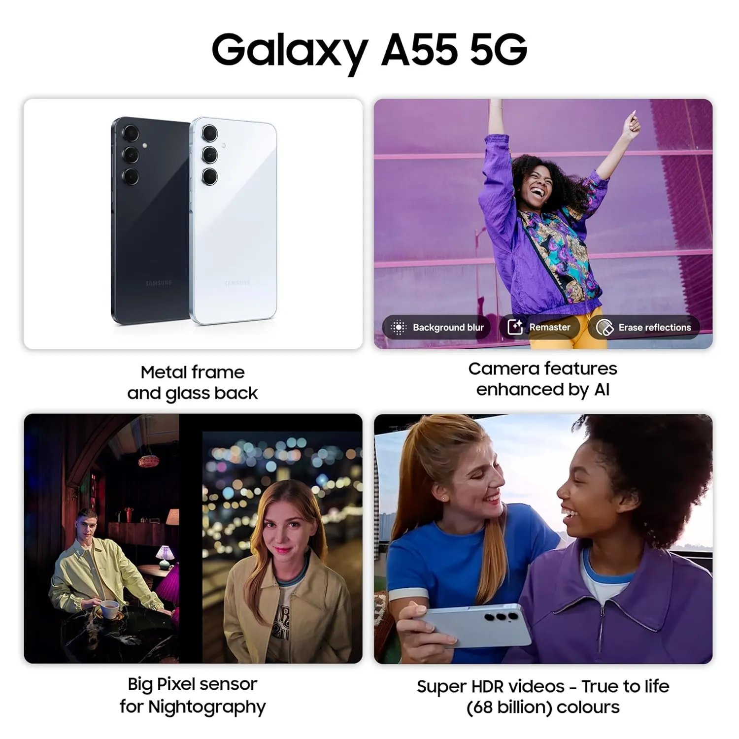 Samsung Galaxy A55 5G (Awesome Iceblue, 8GB RAM, 128GB Storage) | Metal Frame | 50 MP Main Camera (OIS) | Nightography | IP67 | Corning Gorilla Glass Victus  | sAMOLED with Vision Booster