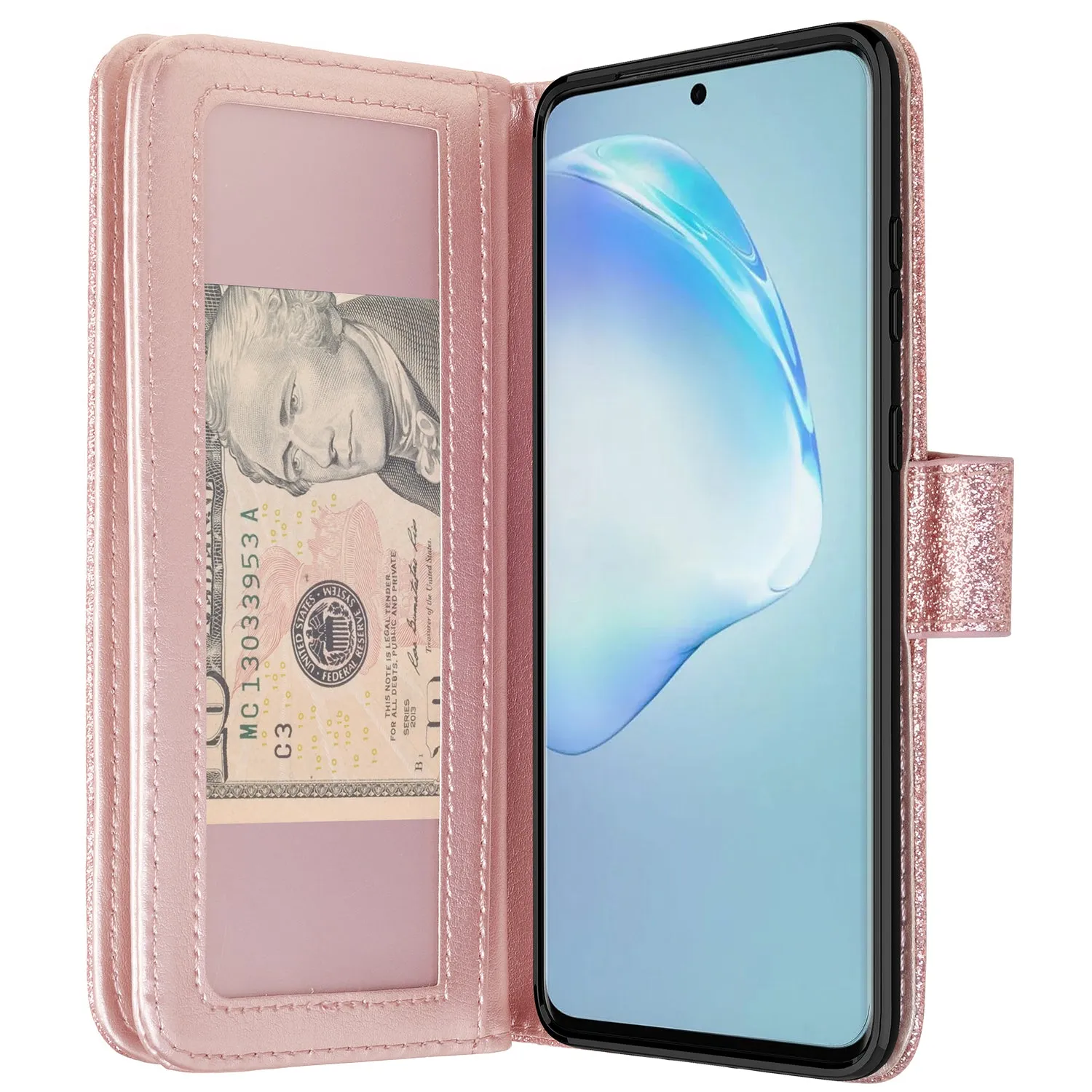 Samsung Galaxy S20 Case, Glitter Faux Leather Flip Credit Card Holder Wrist Strap Shockproof Protective Wallet Case Clutch for Galaxy S20 - Rose Gold