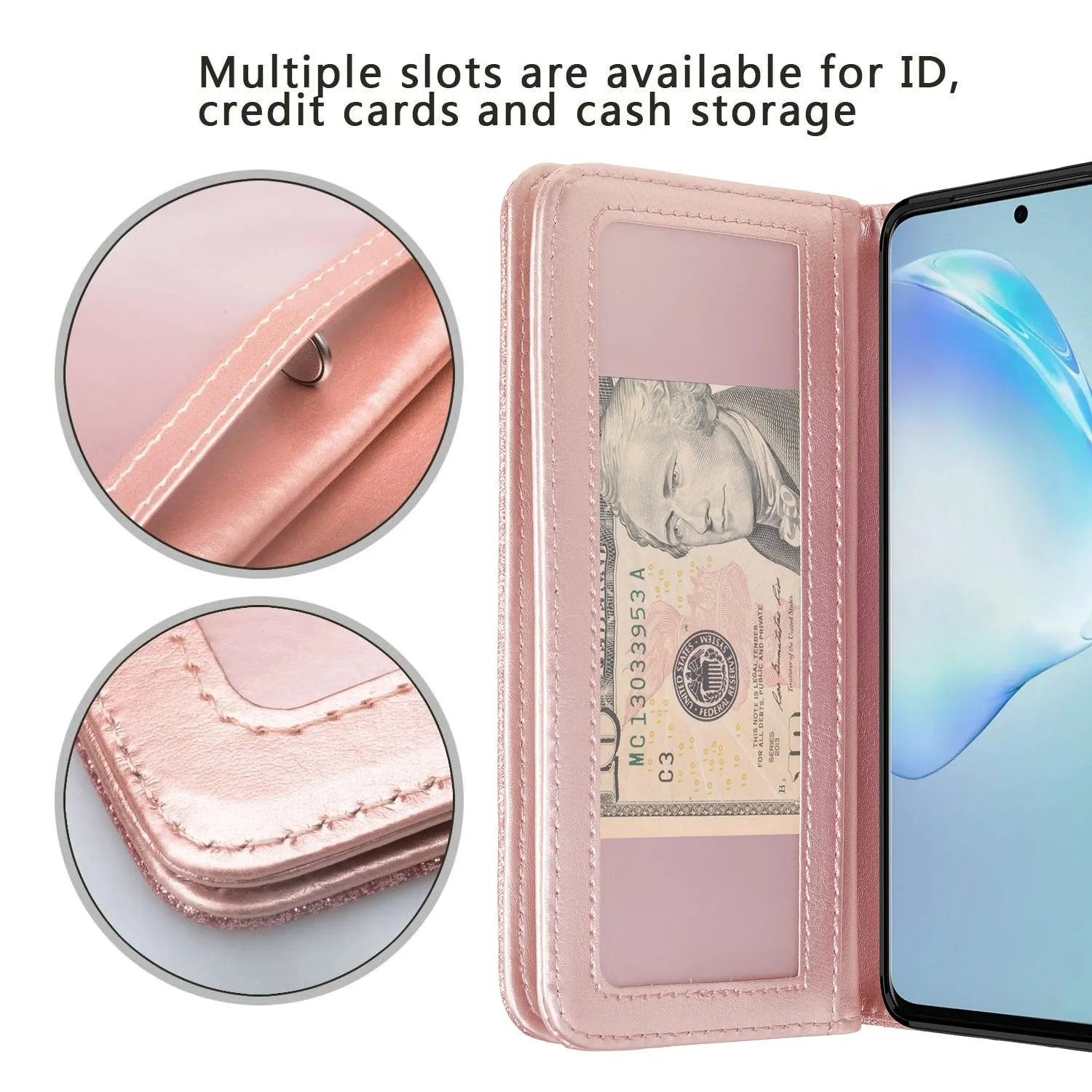 Samsung Galaxy S20 Case, Glitter Faux Leather Flip Credit Card Holder Wrist Strap Shockproof Protective Wallet Case Clutch for Galaxy S20 - Rose Gold