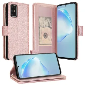 Samsung Galaxy S20 Case, Glitter Faux Leather Flip Credit Card Holder Wrist Strap Shockproof Protective Wallet Case Clutch for Galaxy S20 - Rose Gold