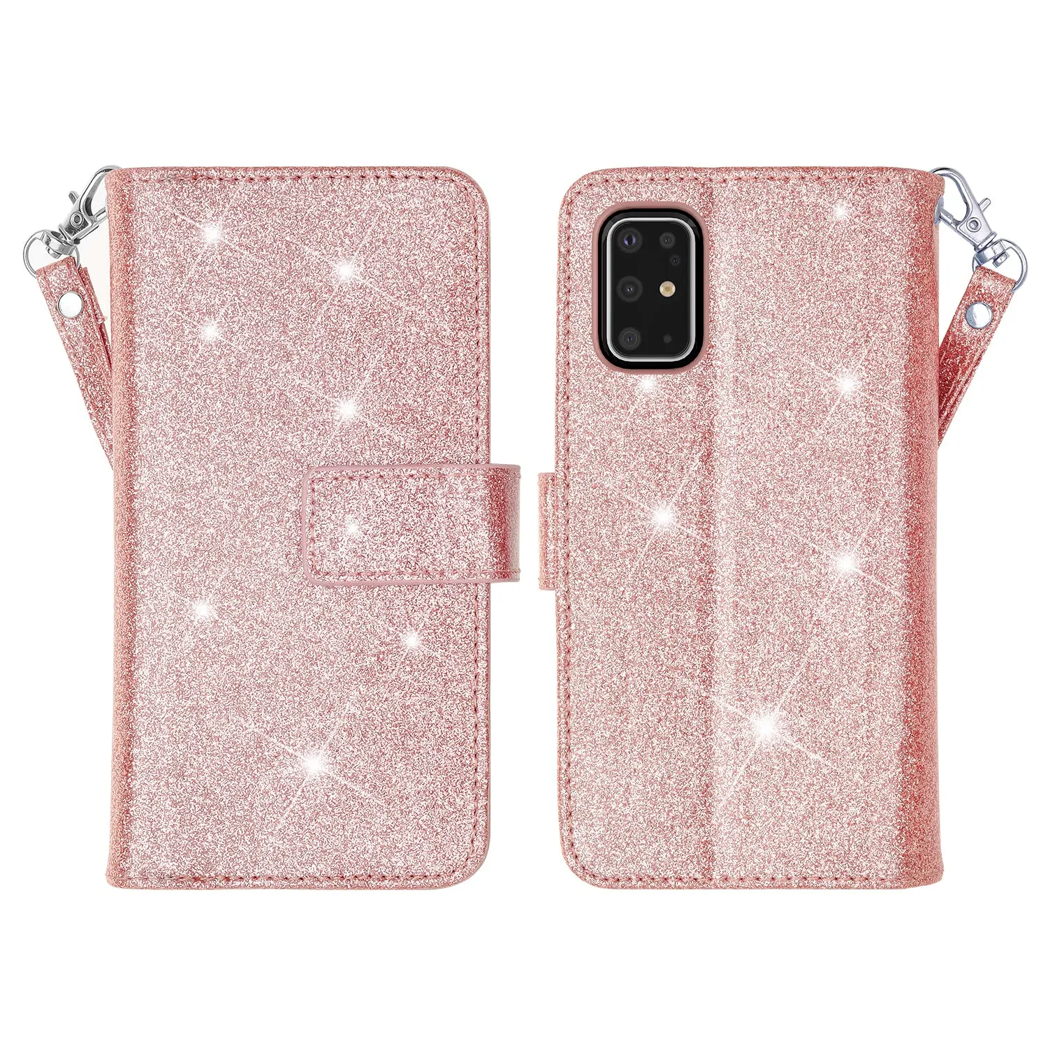 Samsung Galaxy S20 Case, Glitter Faux Leather Flip Credit Card Holder Wrist Strap Shockproof Protective Wallet Case Clutch for Galaxy S20 - Rose Gold