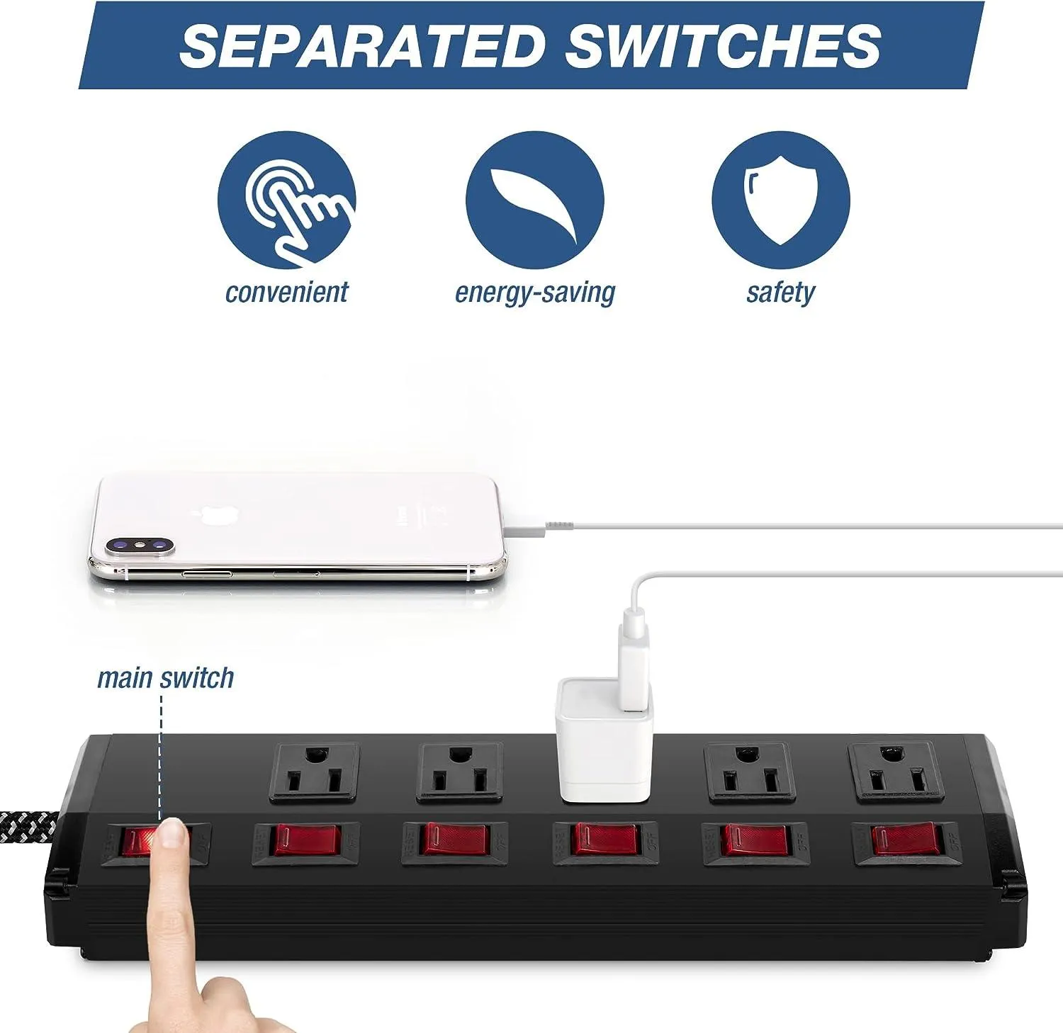 Set of 2 Power Strip 5 Outlets 6 Switches with Surge Protector Wall Mount, Black