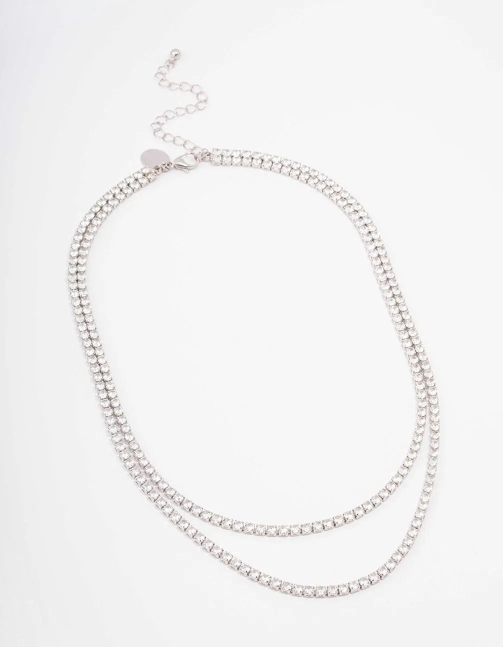 Silver Cubic Zirconia Round Cup Chain Layered Necklace