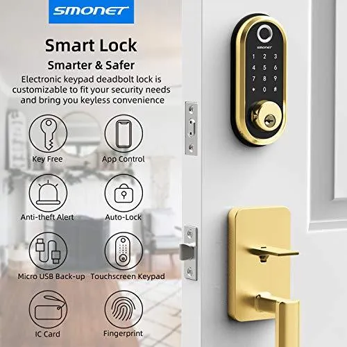 Smart Lock SMONET Bluetooth Keyless Entry Keypad Smart Deadbolt-Fingerprint Electronic Deadbolt Door Lock-App Control, Remote Ekeys Sharing, Free App Monitoring Easy to Install for Homes and Hotel