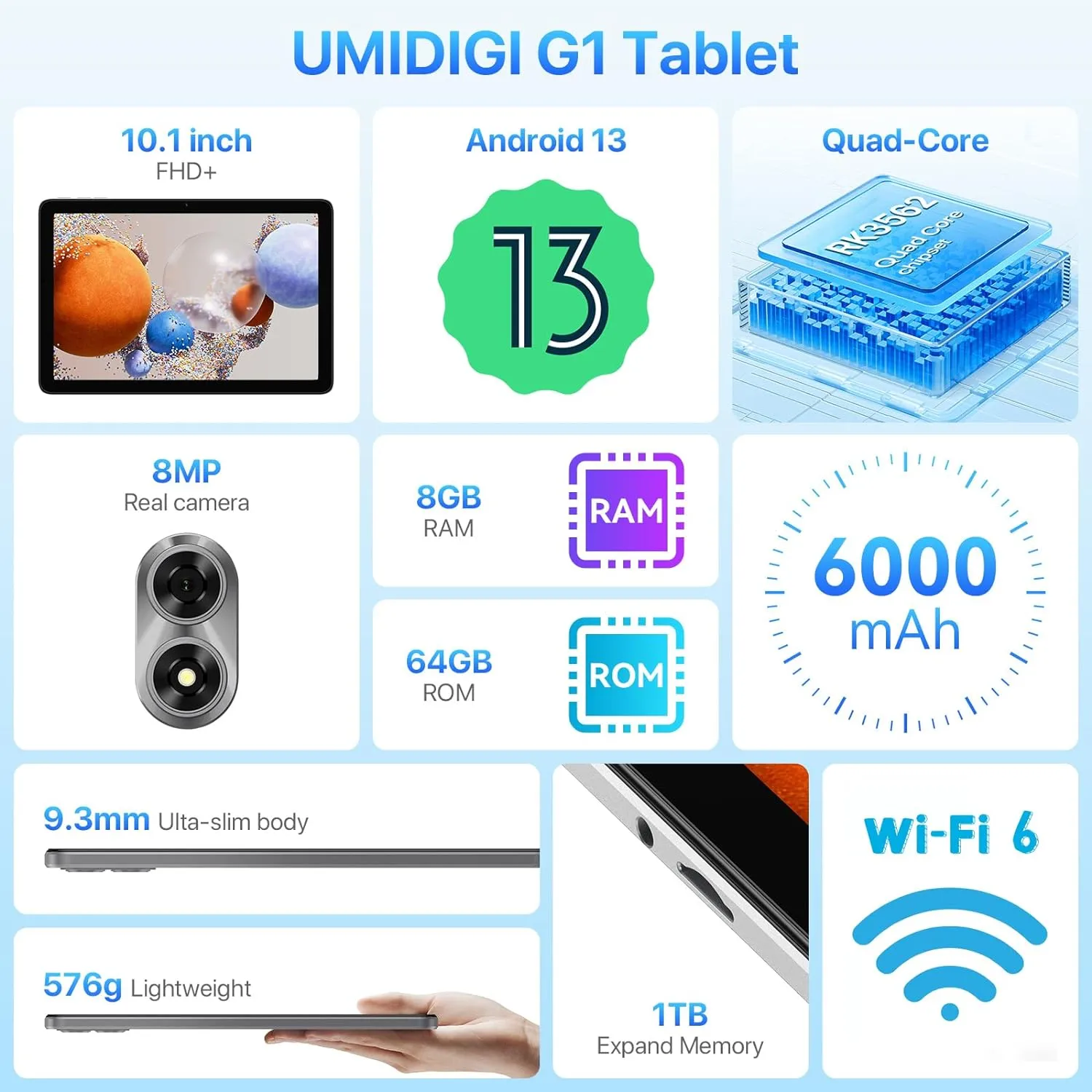 UMIDIGI G1 Tab Android 13 Tablet 2023, 8(4 4) GB 64GB 1TB Expandable, Wi-Fi 6, 10.1 inch Tablet with Quad-Core Processor up to 2.0 GHz, 6000mAh, Dual Camera, BT, 1280 * 800 FHD IPS Touch Screen