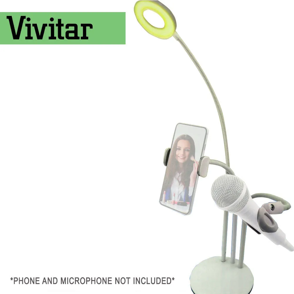 Vivitar Selfie Ring LED Light with Cellphone Stand and Microphone Holder for Vlogging Live Stream Makeup, 3-Light Mode 10-Level Brightness Adjustment