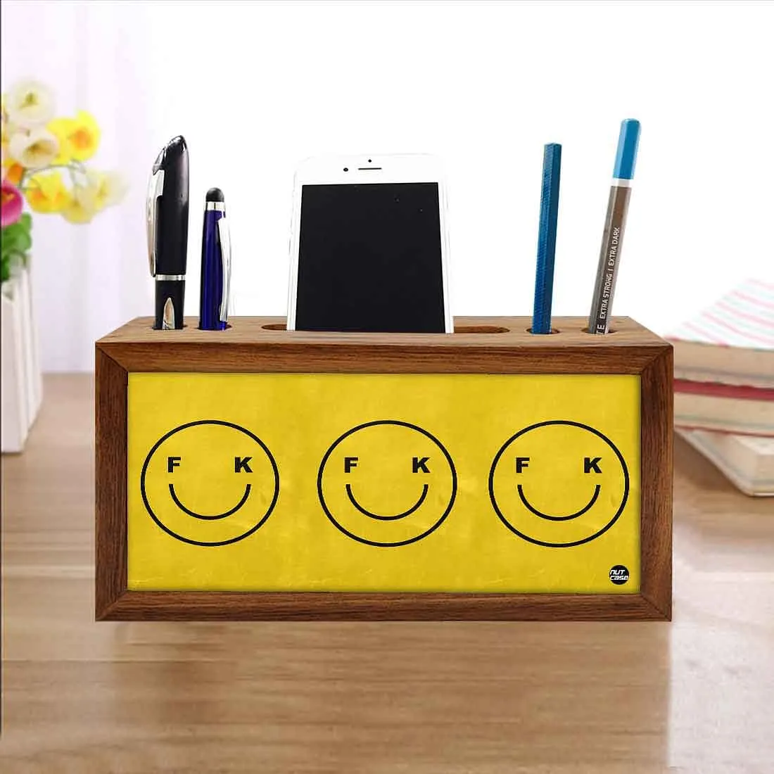 Wooden Desk Organiser Pen Mobile Stand - Cute Faces