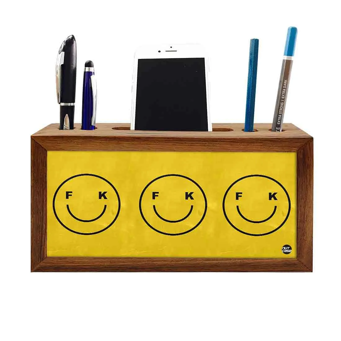 Wooden Desk Organiser Pen Mobile Stand - Cute Faces