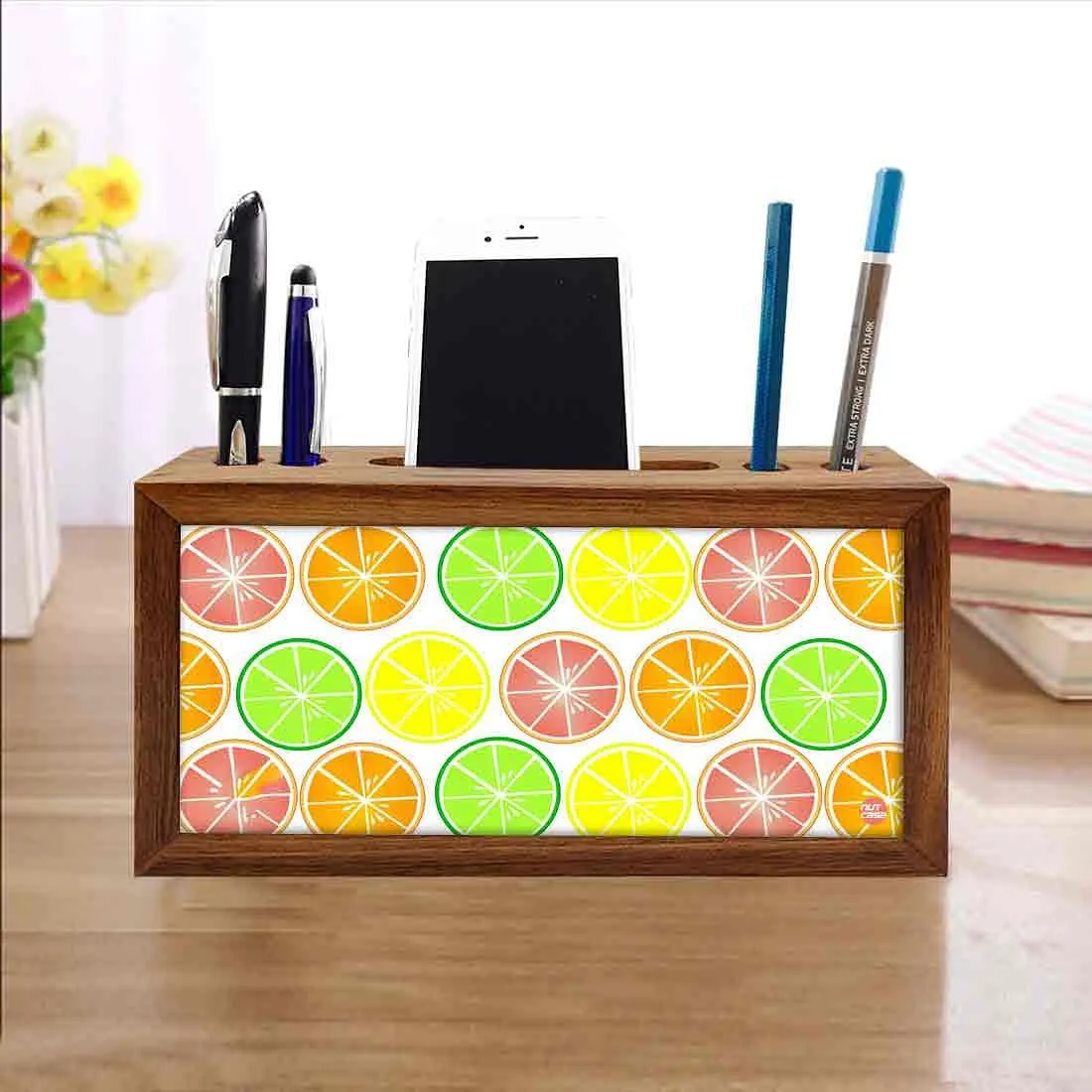 Wooden desk pen mobile organizer - Lemons