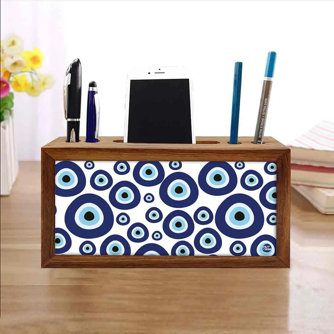 Wooden Phone Stand With Pen Holder for Office - Evil Eye Stones